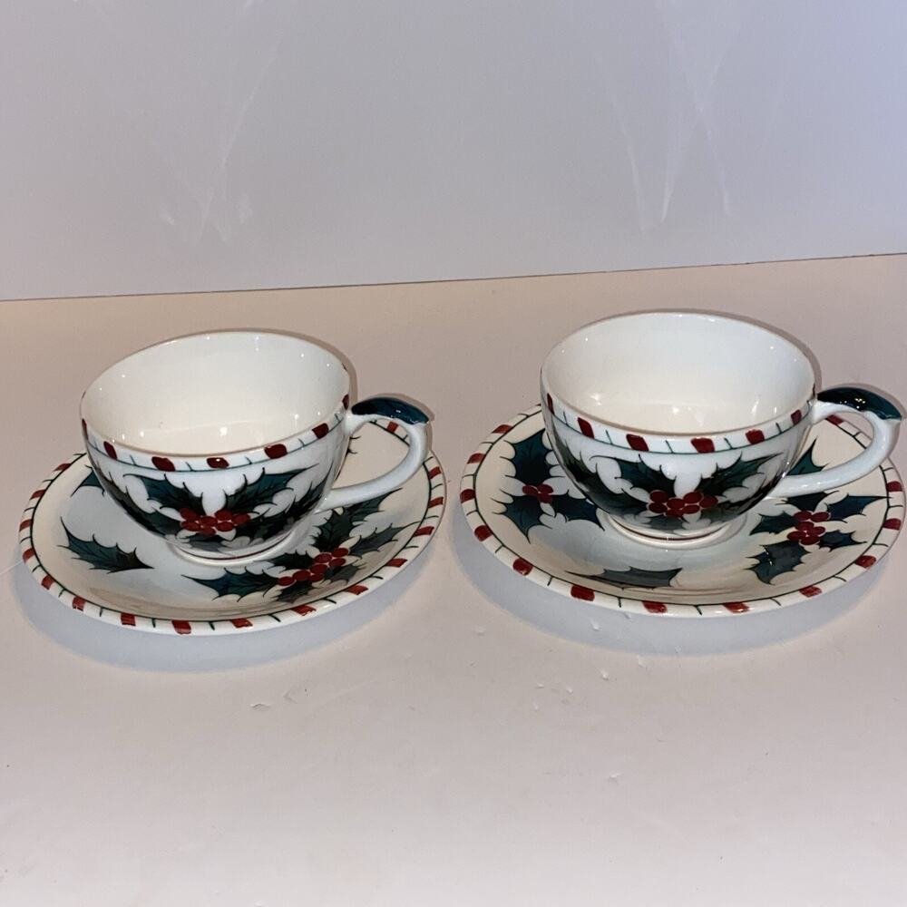 Set Of 2 Lefton's Hand Decorated Holly Berry Coffee/tea cup & saucer